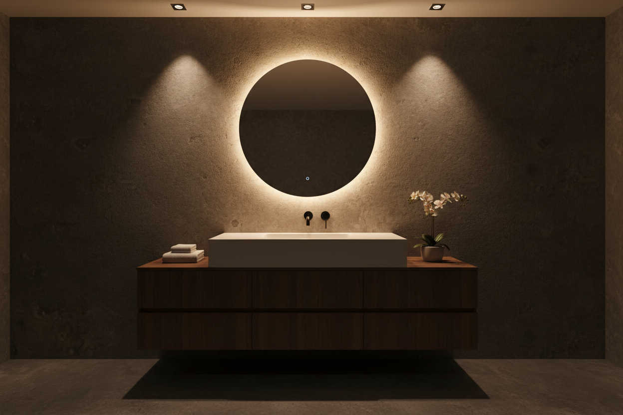 a beautil washroom dimly lit in warm white light showing vanity section with washbasin